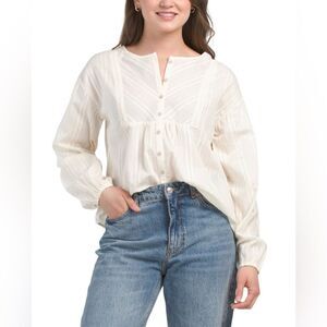 FRYE Marshmallow Ivory Cotton Crochet Lace 3/4 Sleeve Button Front Boho Blouse